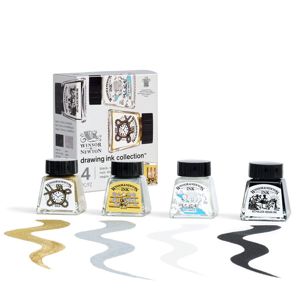 Winsor & Newton Drawing Ink Collection Black, White, Metallic Tones 