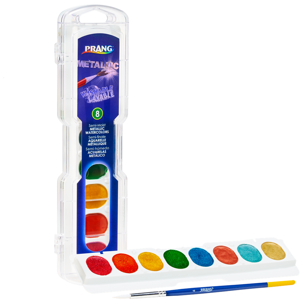 Prang Washable Watercolour Metalli Set 8 Count with Brush Non-Refillable (80516)